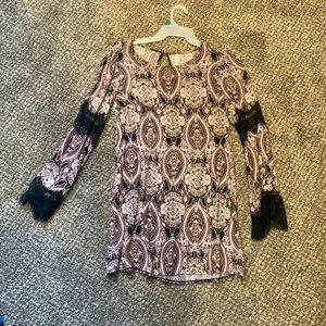 Purple and black pattern king sleeve dress with lace sleeve detail. SIZE S.